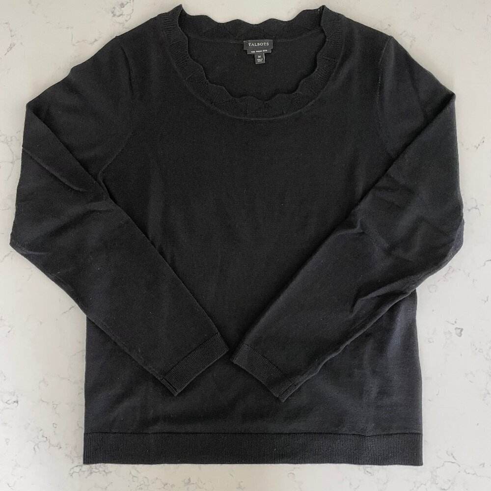 Talbots Neutral Lg Sleeve Scalloped Neck Pure Merino Wool Sweater Black Sz M